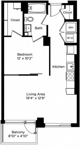 Floor plan for 1 bed, 1 bath, 655 sqft