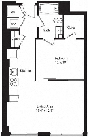 Floor plan for 1 bed, 1 bath, 660 sqft