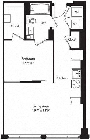 Floor plan for 1 bed, 1 bath, 660 sqft