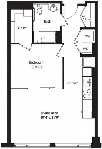 Floor plan for 1 bed, 1 bath, 663 sqft