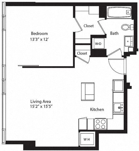 Floor plan for 1 bed, 1 bath, 674 sqft