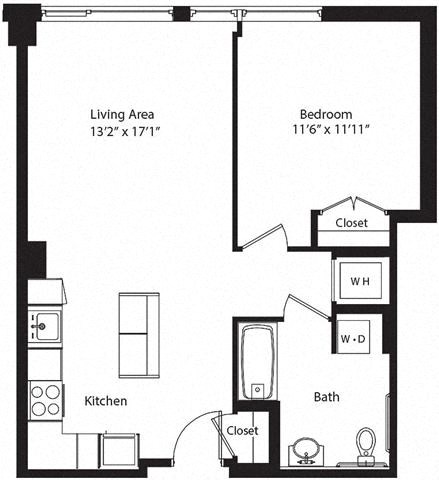Floor plan for 1 bed, 1 bath, 705 sqft