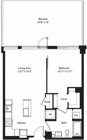 Floor plan for 1 bed, 1 bath, 730 sqft