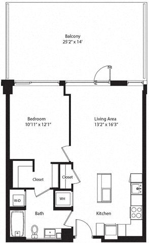 Floor plan for 1 bed, 1 bath, 730 sqft