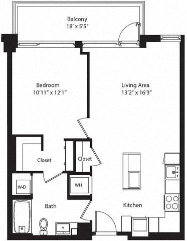 Floor plan for 1 bed, 1 bath, 730 sqft
