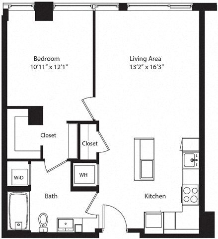 Floor plan for 1 bed, 1 bath, 730 sqft