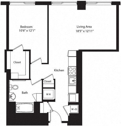 Floor plan for 1 bed, 1 bath, 760 sqft