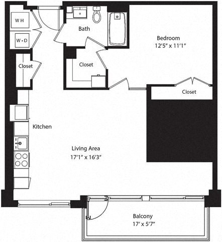Floor plan for 1 bed, 1 bath, 766 sqft