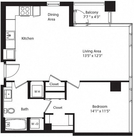 Floor plan for 1 bed, 1 bath, 790 sqft