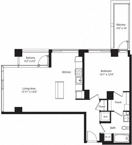 Floor plan for 1 bed, 1 bath, 842 sqft