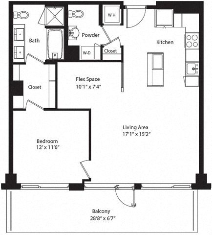 Floor plan for 1 bed, 1.5 baths, 874 sqft