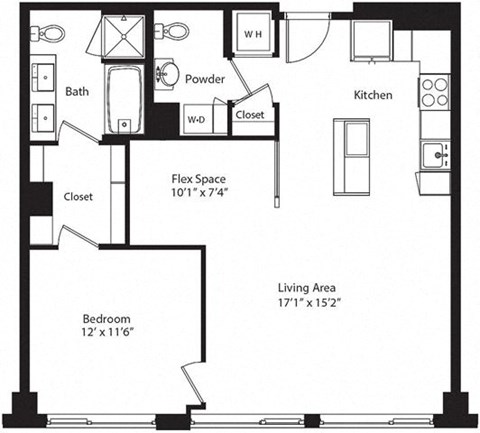 Floor plan for 1 bed, 1.5 baths, 874 sqft
