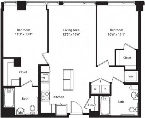 Floor plan for 2 beds, 2 baths, 1020 sqft