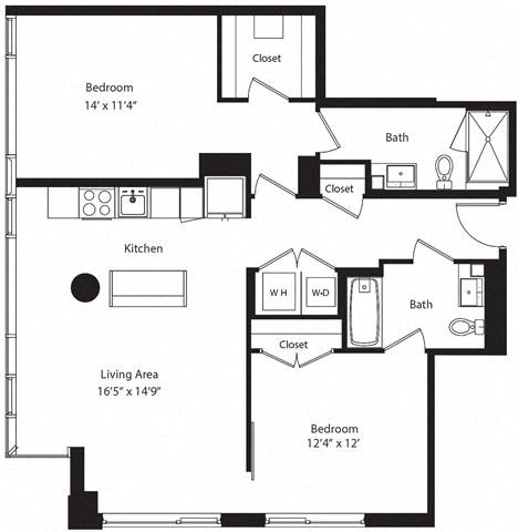 Floor plan for 2 beds, 2 baths, 1075 sqft