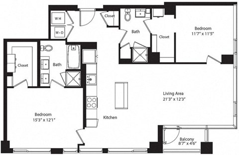 Floor plan for 2 beds, 2 baths, 1191 sqft