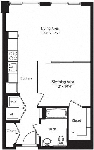 Floor plan for studio, 1 bath, 663 sqft