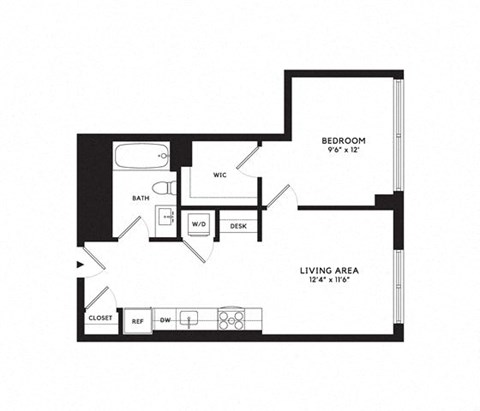 Floor plan for 1 bed, 1 bath, 619 sqft
