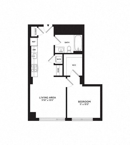 Floor plan for 1 bed, 1 bath, 626 sqft