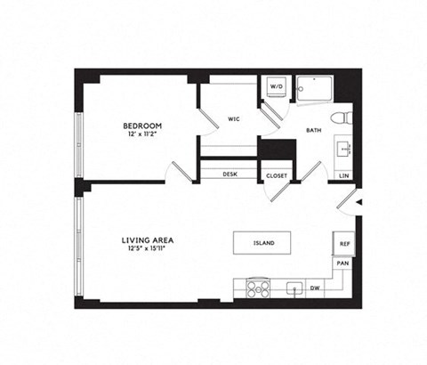 Floor plan for 1 bed, 1 bath, 755 sqft