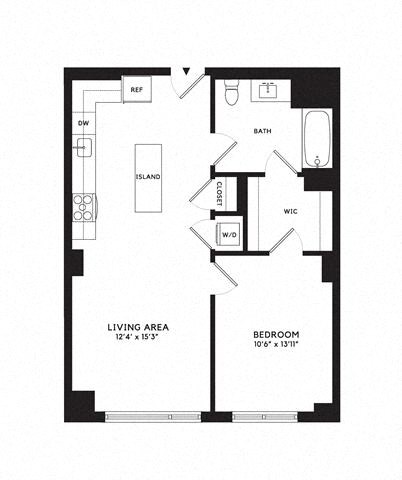 Floor plan for 1 bed, 1 bath, 762 sqft