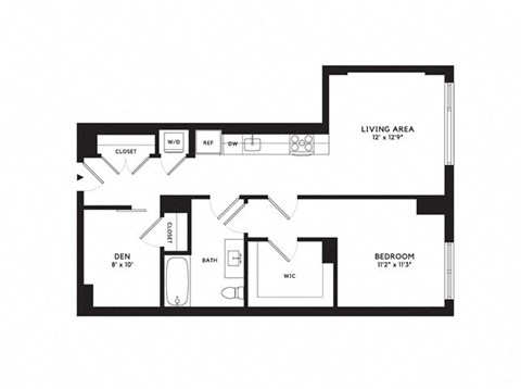 Floor plan for 1 bed, 1 bath, 834 sqft
