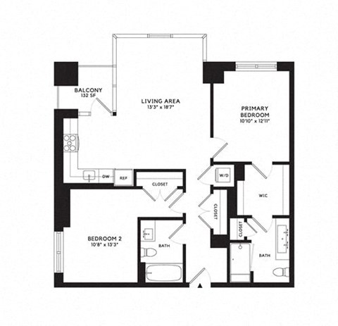 Floor plan for 2 beds, 2 baths, 1068 sqft