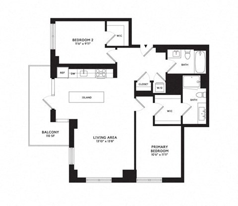 Floor plan for 2 beds, 2 baths, 1139 sqft