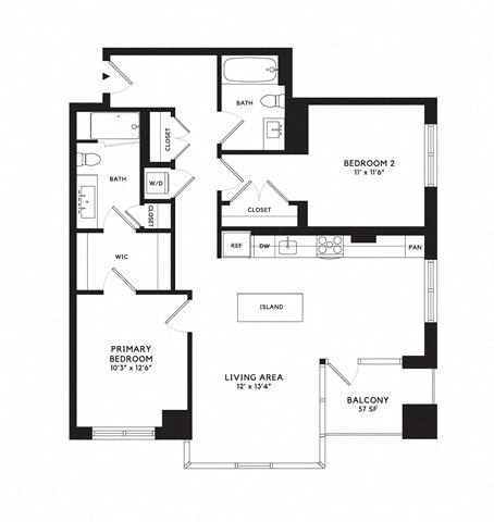 Floor plan for 2 beds, 2 baths, 1146 sqft
