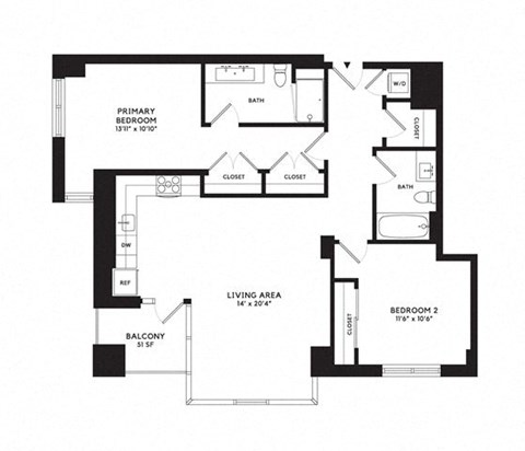 Floor plan for 2 beds, 2 baths, 1182 sqft