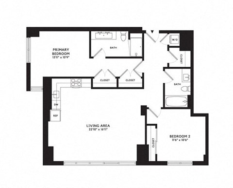 Floor plan for 2 beds, 2 baths, 1215 sqft