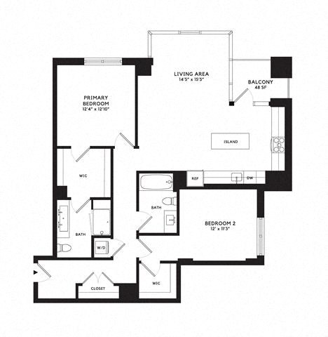 Floor plan for 2 beds, 2 baths, 1298 sqft