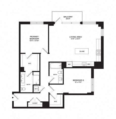 Floor plan for 2 beds, 2 baths, 1310 sqft