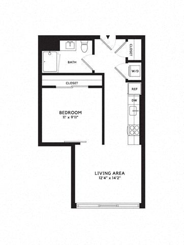 Floor plan for 1 bed, 1 bath, 530 sqft
