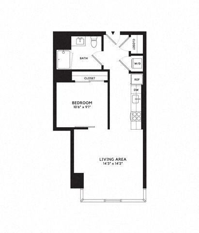 Floor plan for 1 bed, 1 bath, 571 sqft