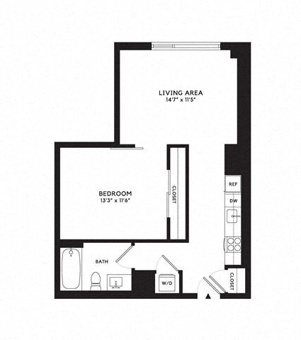 Floor plan for 1 bed, 1 bath, 665 sqft