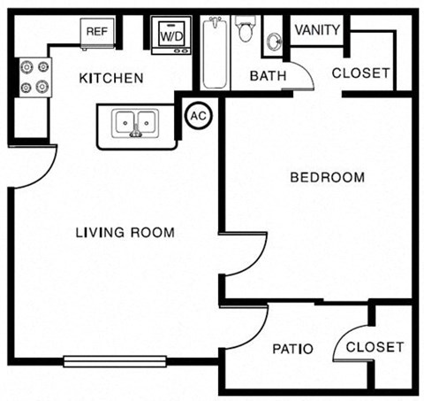 Floor plan for 1 bed, 1 bath, 622 sqft