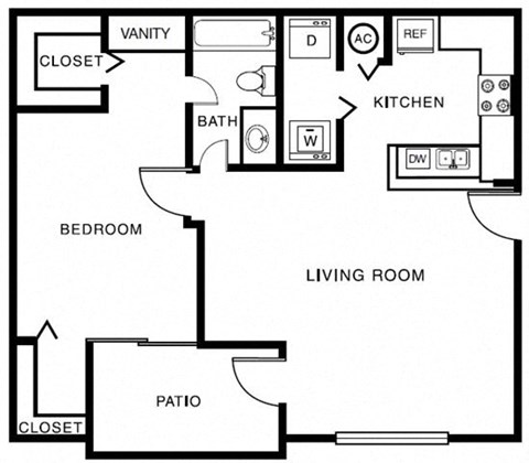 Floor plan for 1 bed, 1 bath, 853 sqft