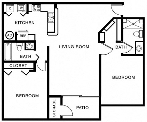 Floor plan for 2 beds, 2 baths, 1064 sqft