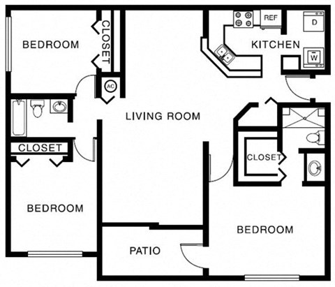 Floor plan for 3 beds, 2 baths, 1356 sqft