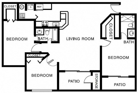 Floor plan for 3 beds, 2 baths, 1439 sqft