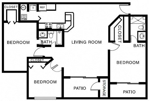 Floor plan for 3 beds, 2 baths, 1439 sqft