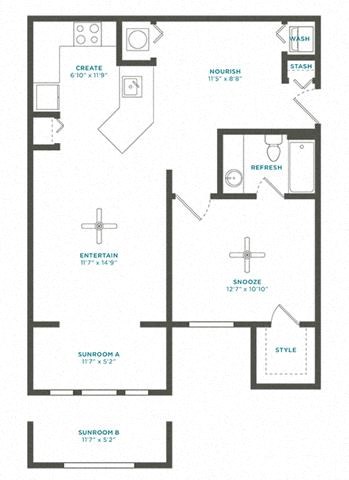 Floor plan for 1 bed, 1 bath, 823 sqft