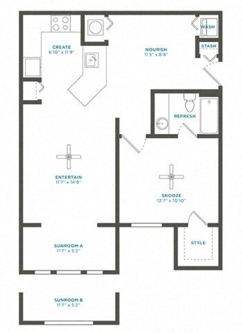 Floor plan for 1 bed, 1 bath, 823 sqft