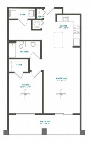 Floor plan for 1 bed, 1 bath, 829 sqft