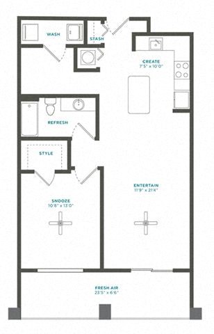 Floor plan for 1 bed, 1 bath, 829 sqft