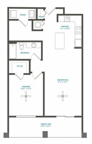 Floor plan for 1 bed, 1 bath, 829 sqft