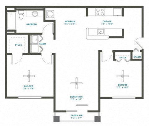 Floor plan for 2 beds, 1 bath, 1000 sqft