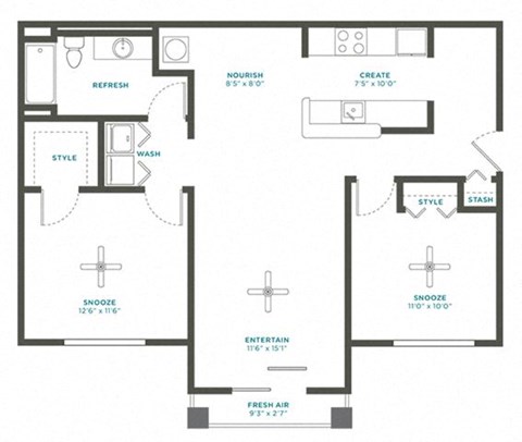 Floor plan for 2 beds, 1 bath, 1000 sqft