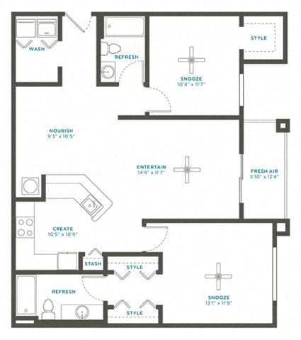 Floor plan for 2 beds, 2 baths, 1123 sqft