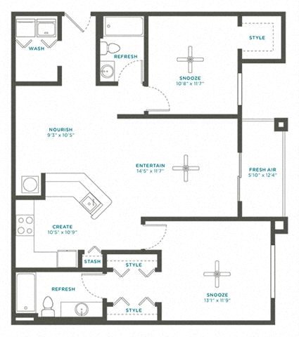 Floor plan for 2 beds, 2 baths, 1123 sqft